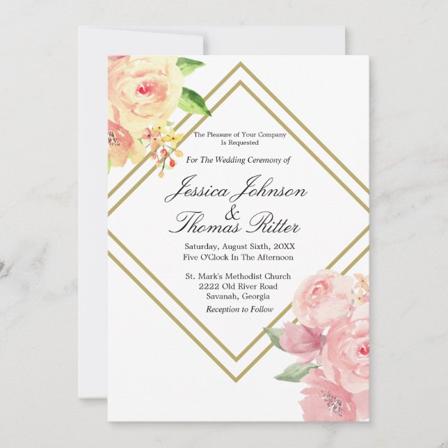 Gold Frame Romantic Soft Pink Floral Wedding  Invi Invitation (Front)