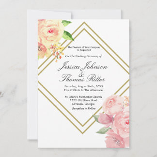 Gold Frame Romantic Soft Pink Floral Wedding  Invi Invitation