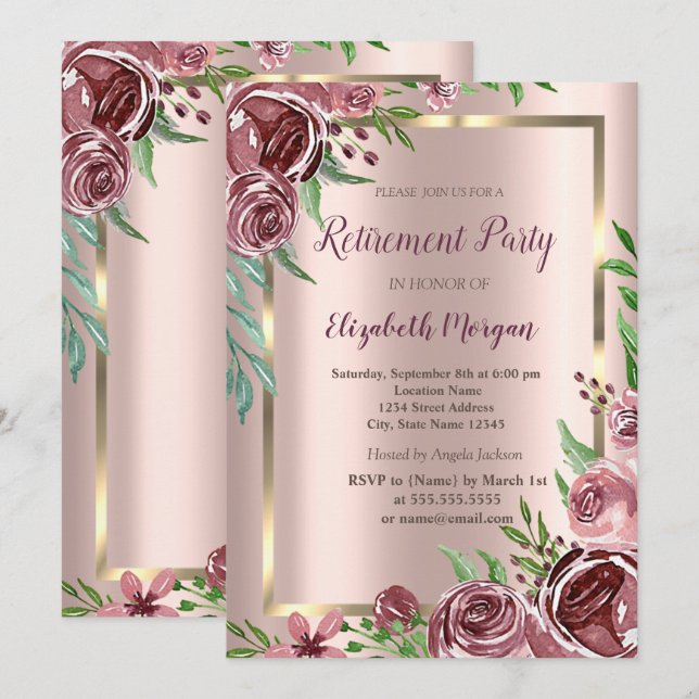 Gold Frame,Rose Gold Burgundy Roses Retirement  Invitation (Front/Back)