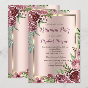 Gold Frame,Rose Gold Burgundy Roses Retirement Invitation
