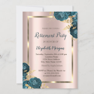 Gold Frame,Rose Gold Green Flowers Retirement Invitation