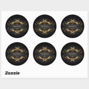 Gold Frame Scroll Happy New Year 20xx Text Classic Round Sticker