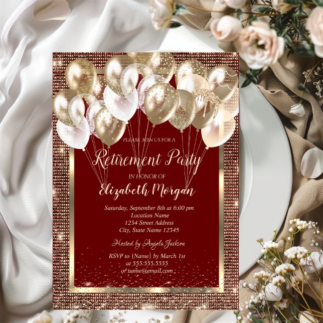 Gold Frame Sequins Balloons Red Retirement  Invitation (Creator Uploaded)