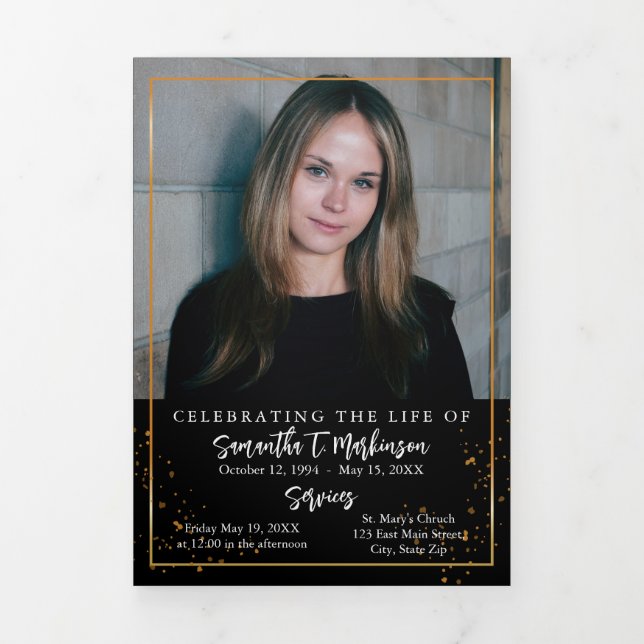Gold Frame Simple Modern Speckled Funeral Tri-Fold Programme (Cover)