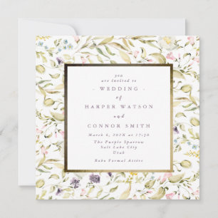 Gold Frame Spring Boho Wildflower Pampas Wedding Invitation