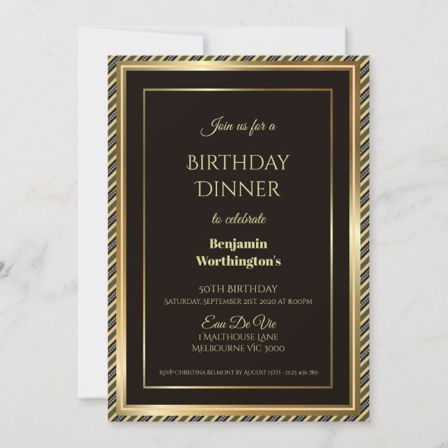 Gold Frame Striped 50th Birthday Dinner Invitation (Front)