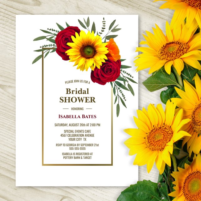 Gold Frame Sunflower Burgundy Rose Bridal Shower Invitation (Creator Uploaded)