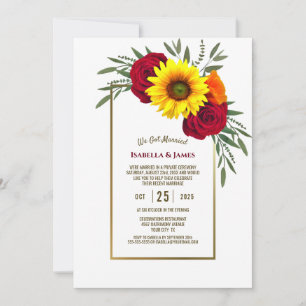 Gold Frame Sunflower Rose Wedding Reception Invitation