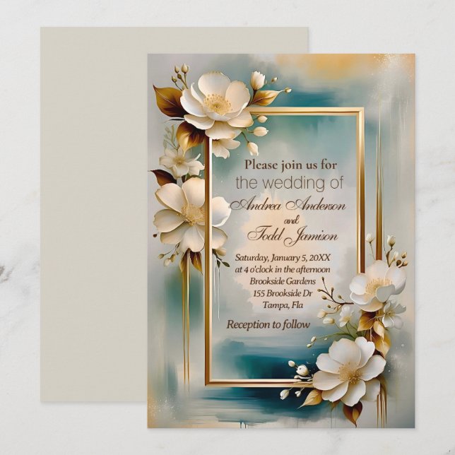 Gold frame teal background white flowers wedding invitation (Front/Back)