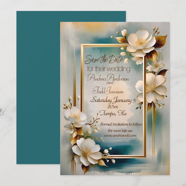 Gold frame teal background white flowers wedding save the date (Front/Back)