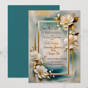 Gold frame teal background white flowers wedding save the date