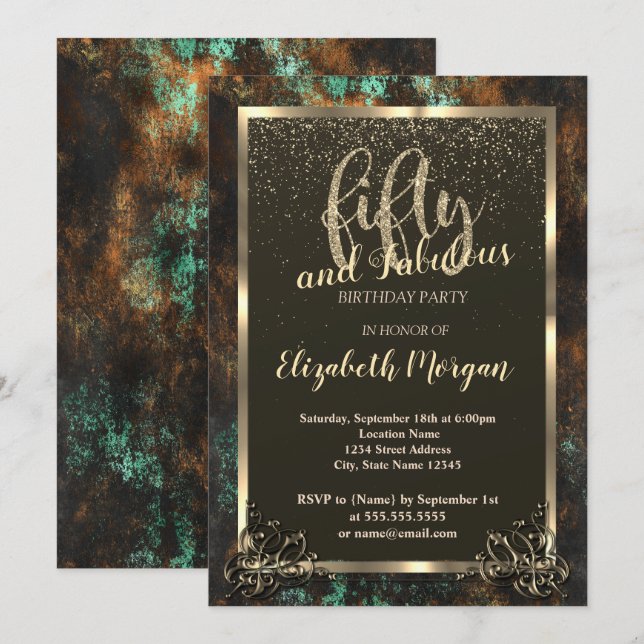 Gold Frame Teal Cooper Patina 50th  Invitation (Front/Back)