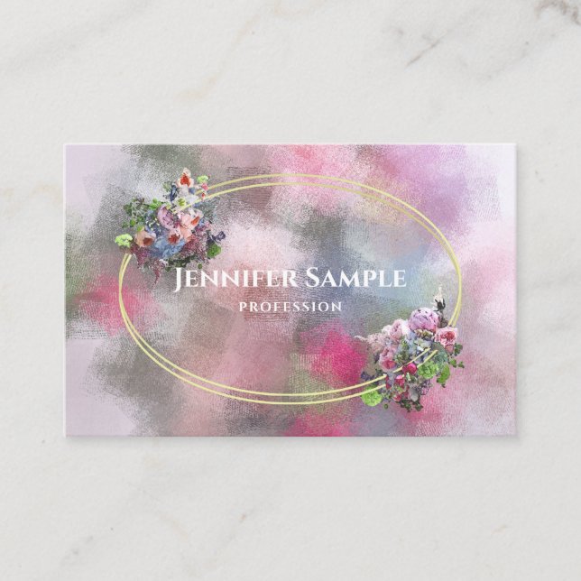 Gold Frame Watercolor Abstract Flowers Chic Modern Business Card (Front)