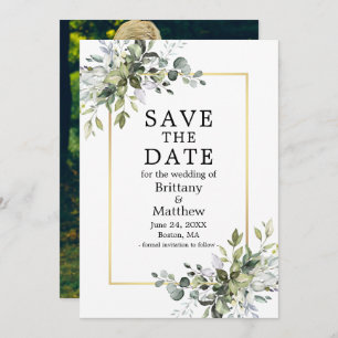 Gold Frame Watercolor Botanical Greenery Photo Save The Date