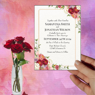 Gold Frame Watercolor Flowers Wedding Invitation