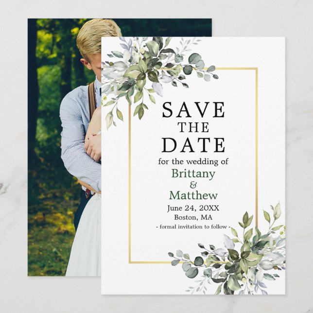 Gold Frame Watercolor Greenery Photo Save The Date (Front/Back)