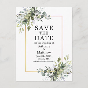 Gold Frame Watercolor Greenery Save The Date Postcard
