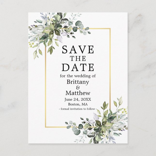 Gold Frame Watercolor Greenery Save The Date Postcard (Front)