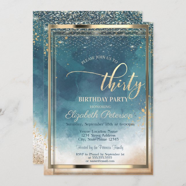 Gold Frame Watercolor Splash 30th Birthday Party Invitation (Front/Back)