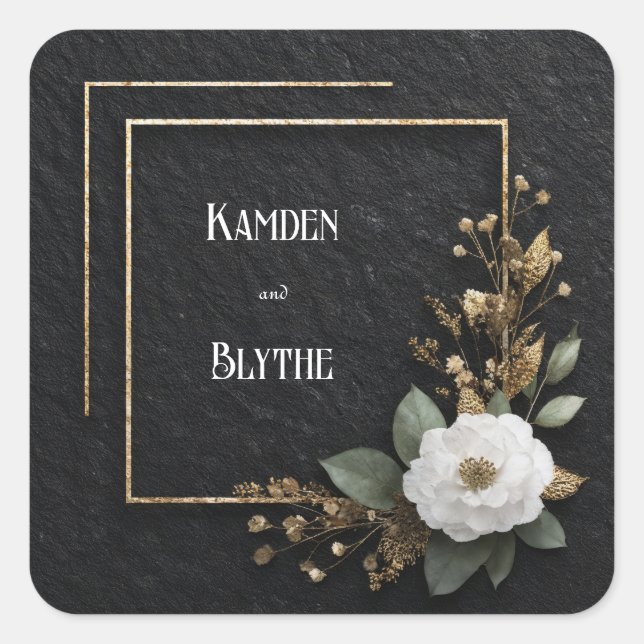Gold Frame & White Camellia Wedding Square Sticker (Front)