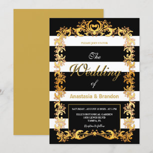 Gold Frame with Black & White Stripes Wedding Invitation