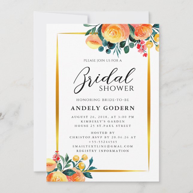 Gold Frame with Orange Floral Modern Bridal Shower Invitation (Front)