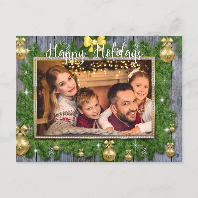 Gold Frame With Pine Boughs Christmas Photo Holiday Postcard (Front)