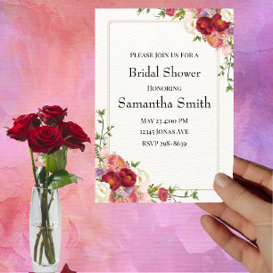 Gold Frame with Pretty Flowers Bridal Shower Invitation