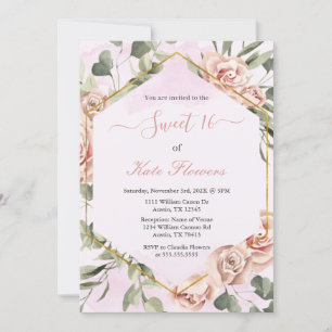 Gold frame with roses Quinceanera spanish Invitation