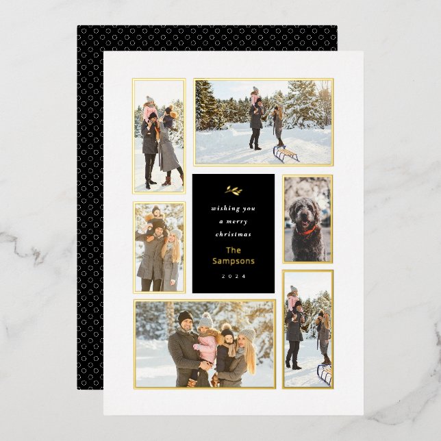 Gold Framed 6 Photo Gallery Christmas Foil Holiday Card (Front/Back)