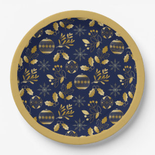 Gold Framed Blue Gold Holiday Pattern Paper Plate