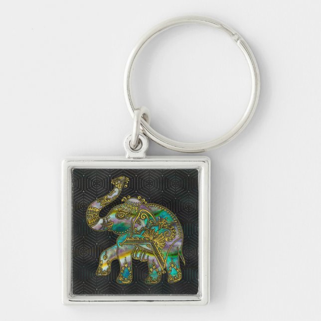 Gold Framed Elephant on Colourful Abalone decor Key Ring (Front)
