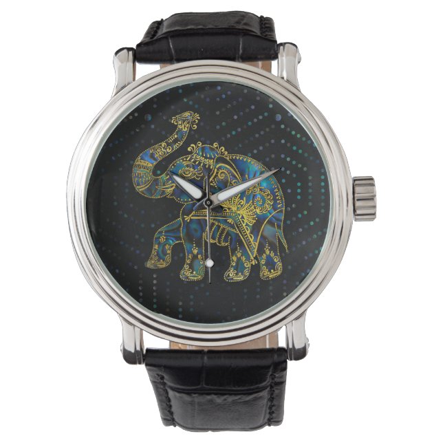 Gold Framed Elephant on Colourful Abalone decor Watch (Front)