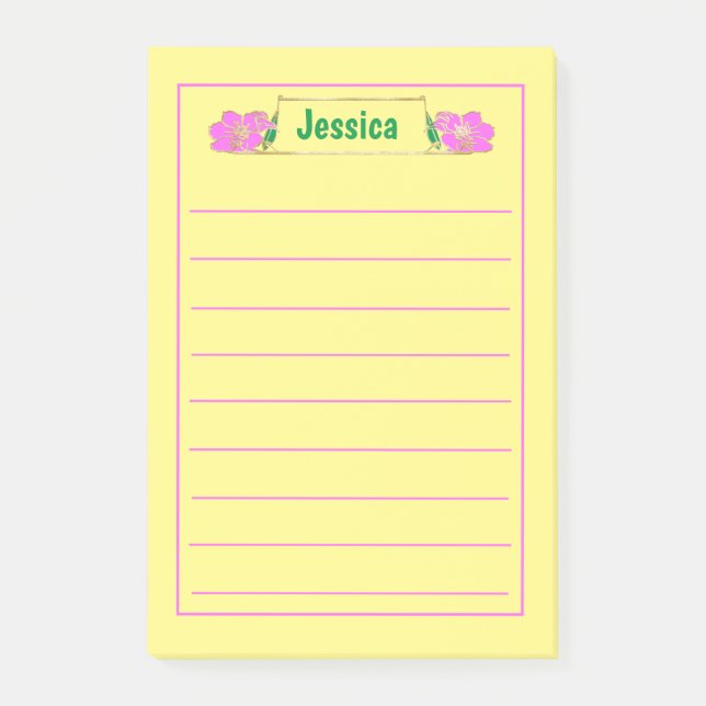 Gold Framed Ornate Pink Floral Graphic Post-it Notes (Front)