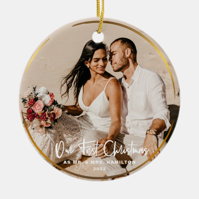 Gold Framed Our First Christmas Mr & Mrs Photo Ceramic Tree Decoration (Front)