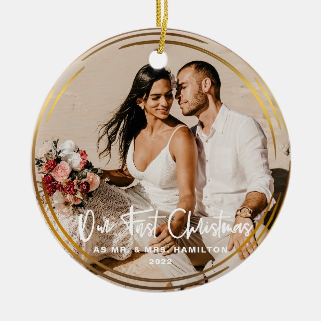 Gold Framed Our First Christmas Mr & Mrs Photo Ceramic Tree Decoration (Front)