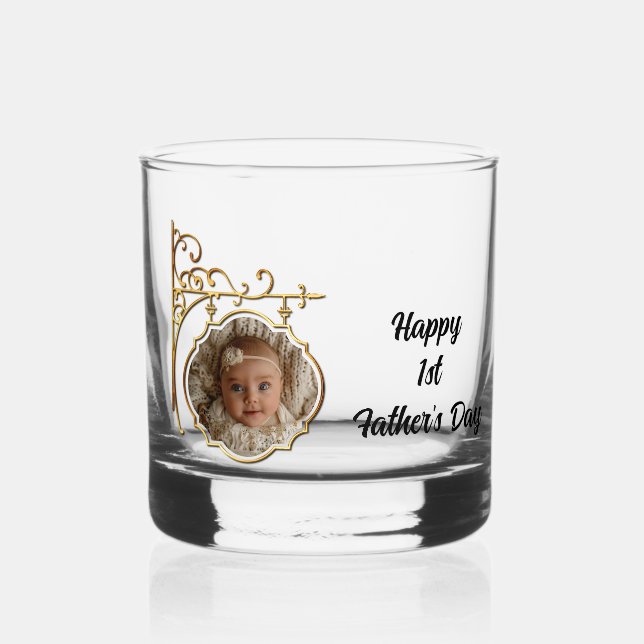 Gold Framed Photo 1st Father's Day Whiskey Glass (Front)