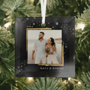 Gold Framed Photo Christmas Holiday Glass Tree Decoration