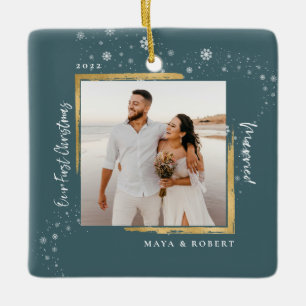 Gold Framed Photo Our First Christmas Married Ceramic Ornament
