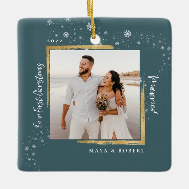 Gold Framed Photo Our First Christmas Married Ceramic Ornament (Front)