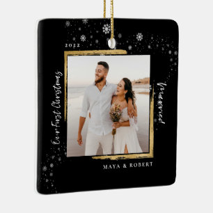 Gold Framed Photo Our First Christmas Married Ceramic Ornament