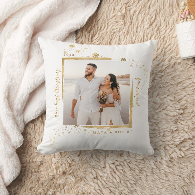 Gold Framed Photo Our First Christmas Married  Cushion (Blanket)