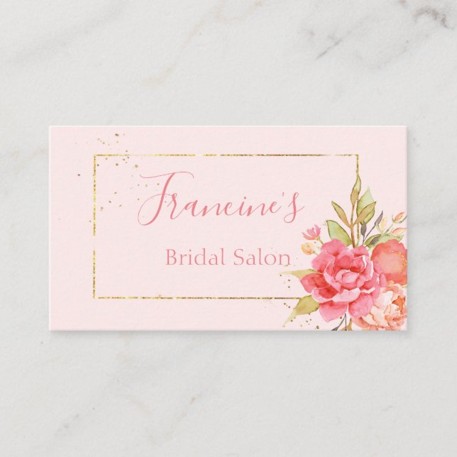 Gold Framed Pink Peony Bouquet Business Card (Front)