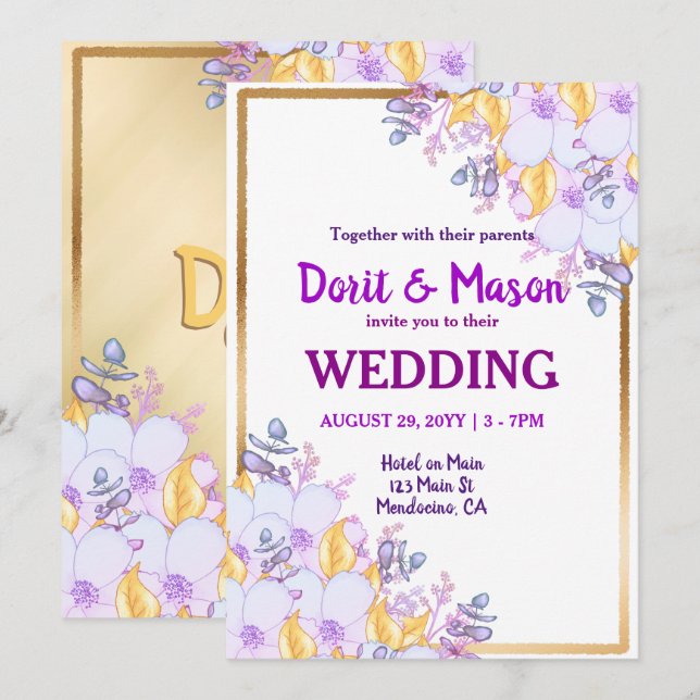 Gold Framed  Purple and Gold Floral Invitation (Front/Back)