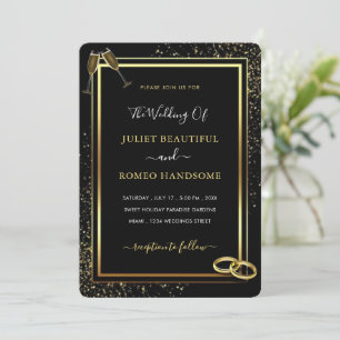 Gold Framed Rings Black Glitter Wedding Invitation