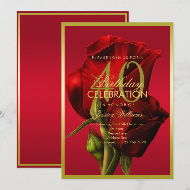 Gold Framed Romantic Red Rose Birthday Invitation (Front/Back)