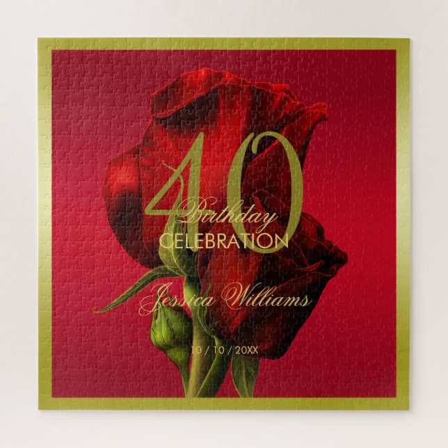Gold Framed Romantic Red Rose Birthday Jigsaw Puzzle (Vertical)