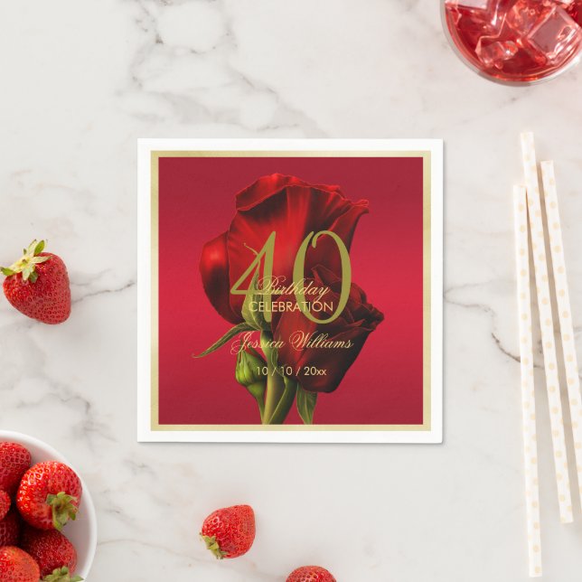 Gold Framed Romantic Red Rose Birthday Napkin (Insitu)