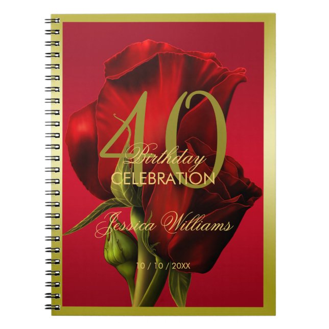 Gold Framed Romantic Red Rose Birthday Notebook (Front)