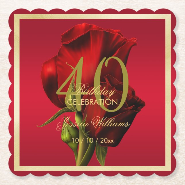 Gold Framed Romantic Red Rose Birthday Paper Coaster (Front)